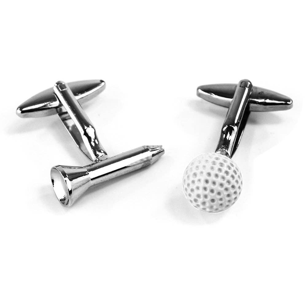 Silver Finish Golf Tee and Ball Cufflinks