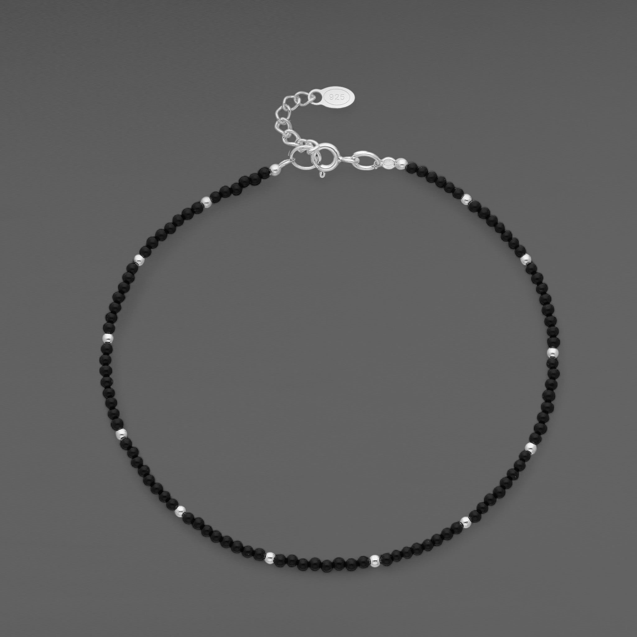 Sterling Silver Anklet Beaded with Black Agate