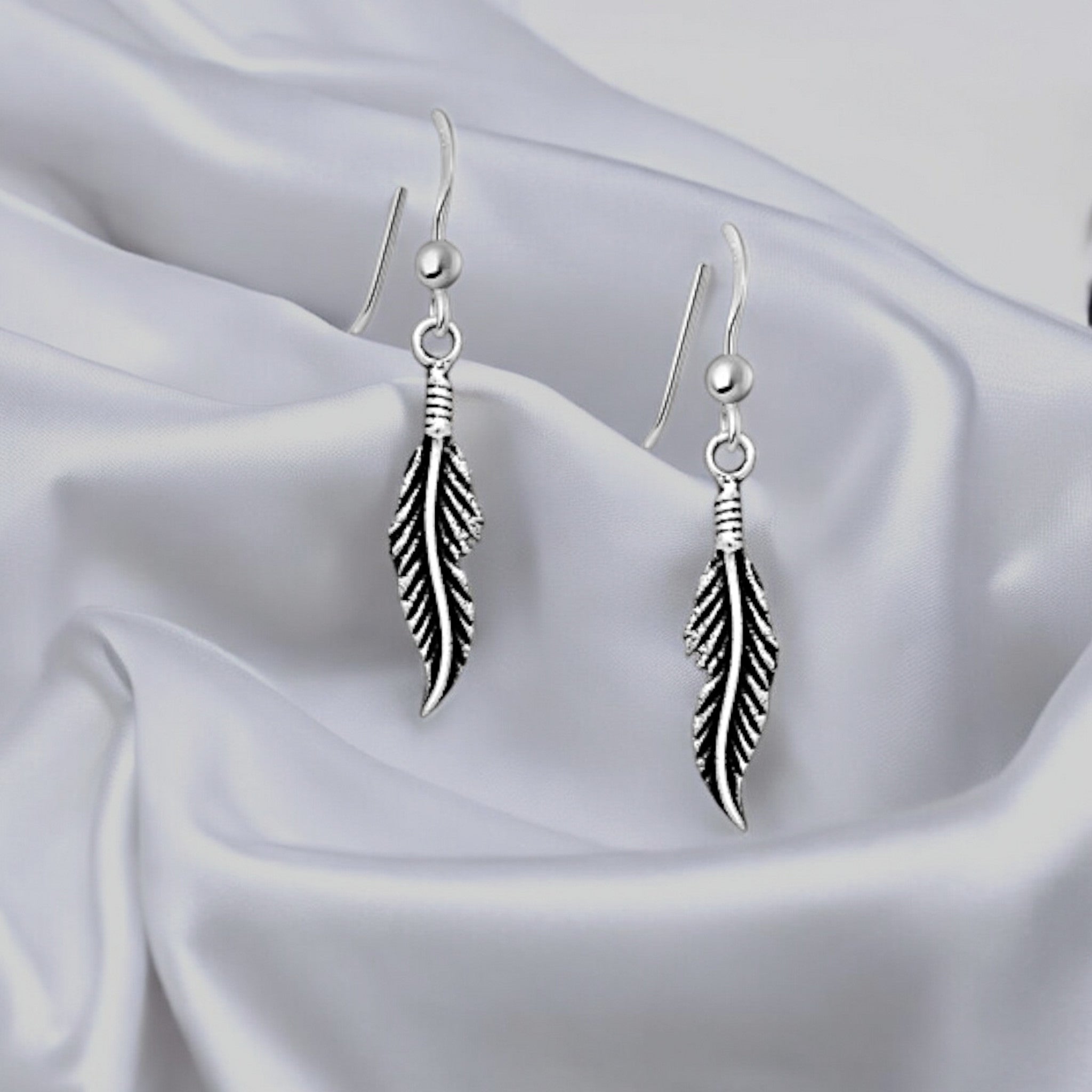 Sterling Silver Oxidized Feather Hook Earrings