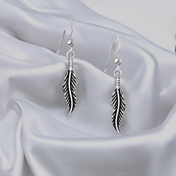 Sterling Silver Oxidized Feather Hook Earrings