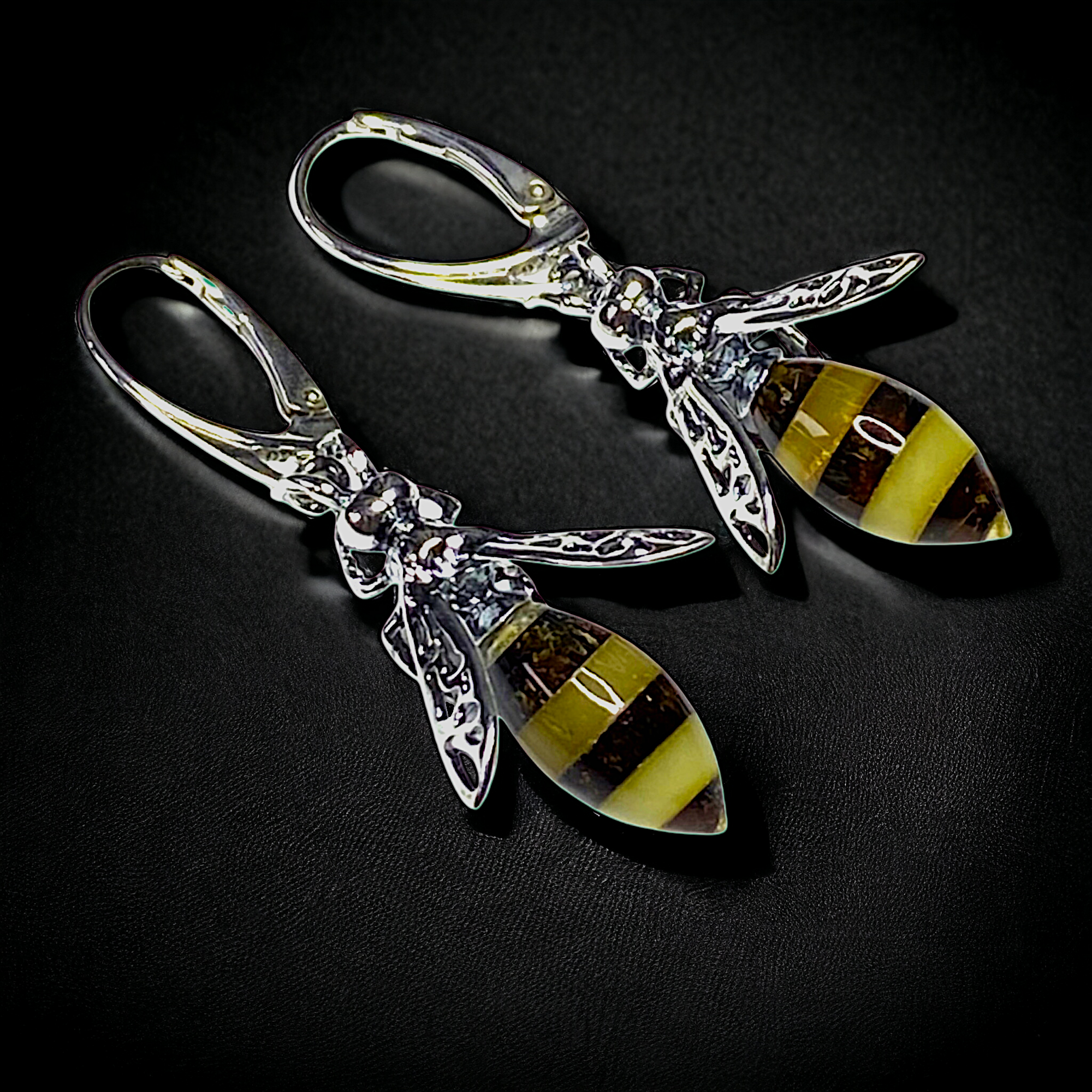 Sterling Silver and Amber Bee Earrings with  Lever Backs
