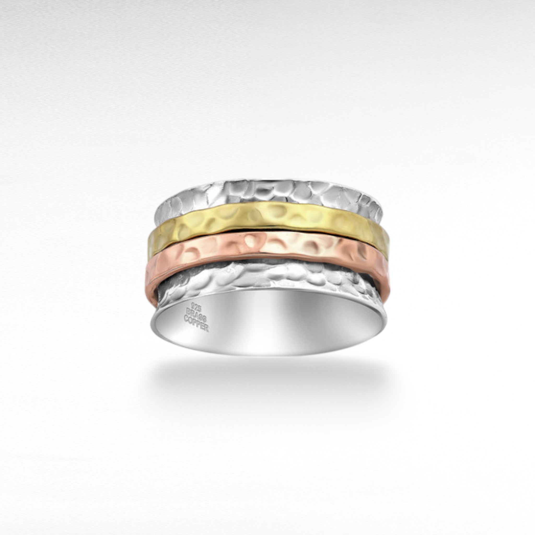 Sterling Silver, Brass and Copper Hammered Spin Ring