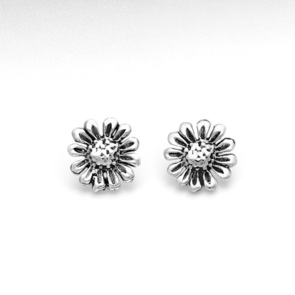 Silver Oxidized Flower Stud Earrings