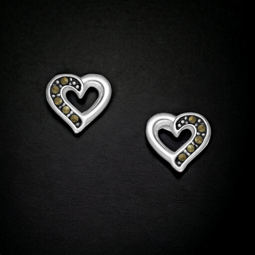 Sterling Silver Heart Stud Earrings Decorated With Marcasite