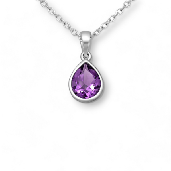 Sterling Silver Droplet Solitaire Pendant, Decorated with Amethyst