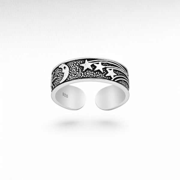 Sterling Silver Adjustable Oxidized Moon and Star Toe Ring