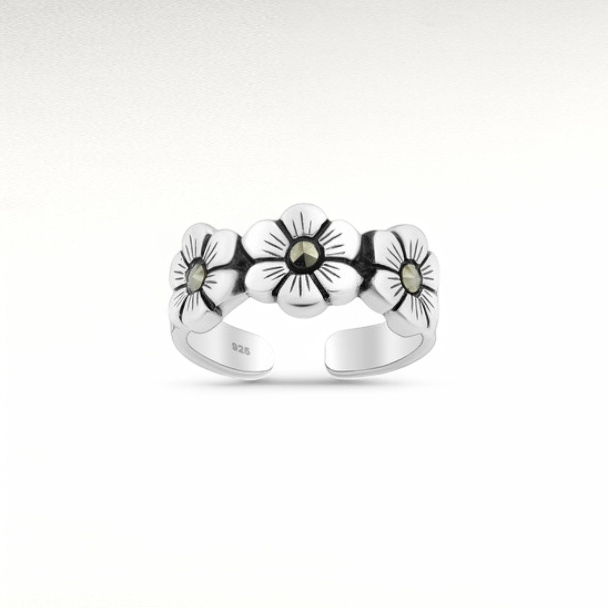 Sterling Silver Oxidized Flower Toe Ring, Decorated with Marcasite