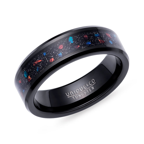 Tungsten Carbide Ring with Black/Red Stone & Opal