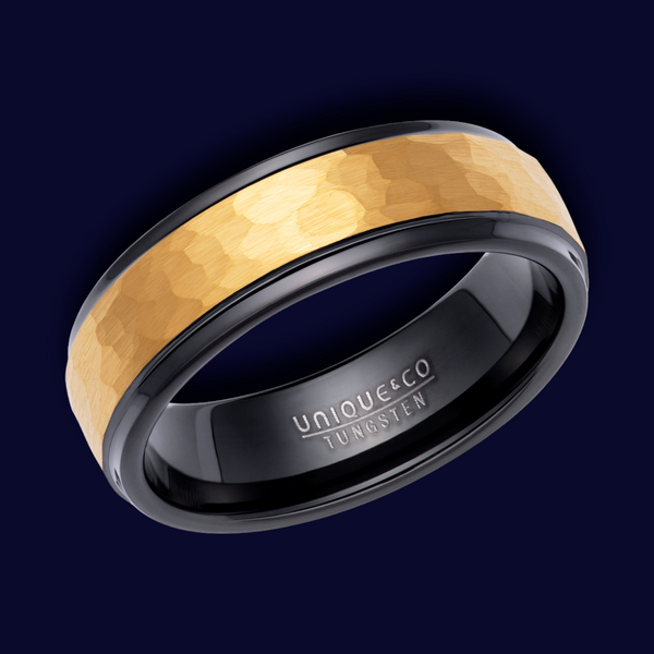 Tungsten Carbide Black & Yellow Hammered Ring