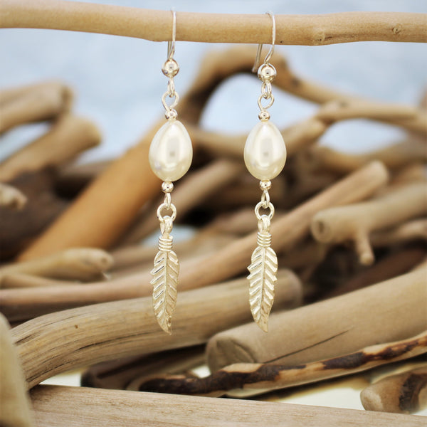 Silver Feather and Pearl Hook  Earrings