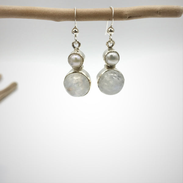 Silver, Pearl and Moonstone Hook Earrings