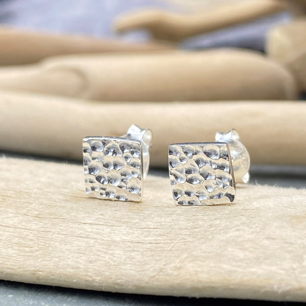 Silver Square Hammered Stud Earrings