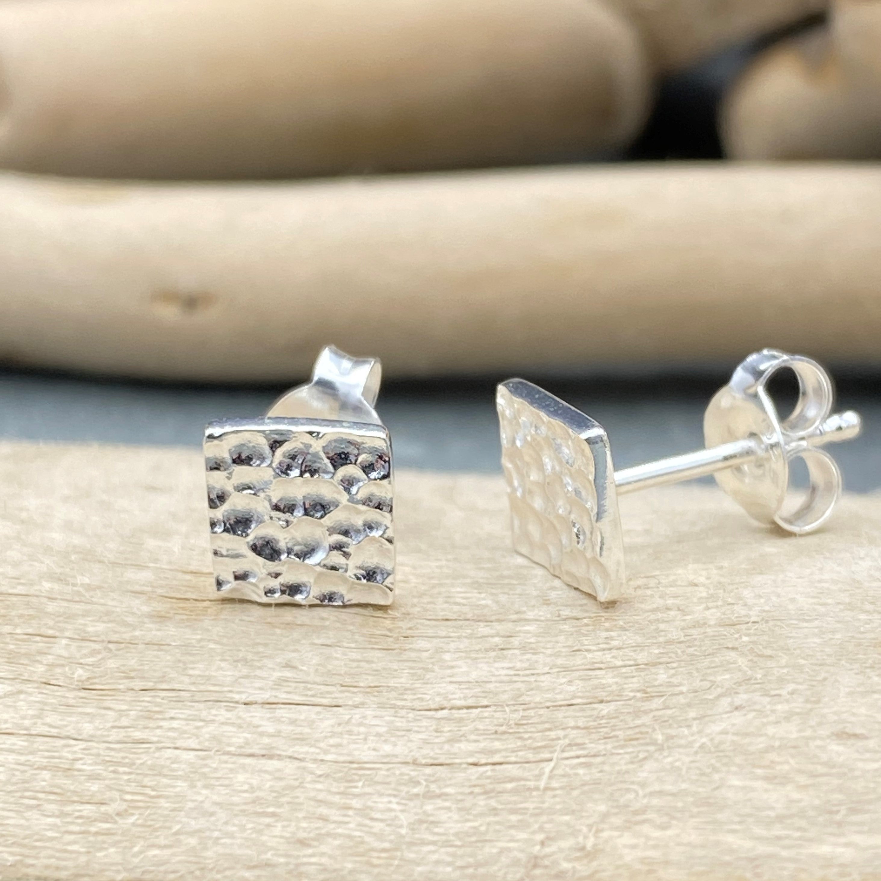 Silver Square Hammered Stud Earrings